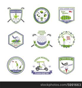 Golf Emblems Set. Golf emblems set with international tournament and quality equipment symbols flat isolated vector illustration