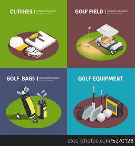 Golf Equipment 2x2 Isometric Design Concept. Golf 2x2 isometric design concept with golfer clothes golf bags cart on field and golf equipment square compositions vector illustration