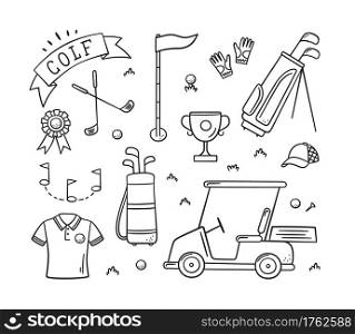 Golf equipment - club, ball, flag, bag and golf cart in doodle style. Golf Wear. Hand drawn vector illustration on white background. Golf equipment and golfers in doodle style. Club, bag and golf cart. Hand drawn vector illustration