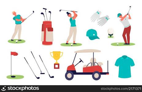 Golf equipment. Golfers characters with clubs, hitting moment, ball picking machine, winners cup, players gloves, t-shirt and cap, marked hole, summer outdoor sport, vector cartoon flat isolated set. Golf equipment. Golfers characters with clubs, hitting moment, ball picking machine, winners cup, players gloves, marked hole, summer outdoor sport, vector cartoon flat isolated set
