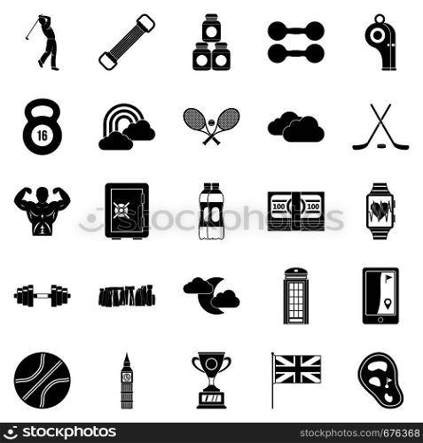 Golf equipment icons set. Simple set of 25 golf equipment vector icons for web isolated on white background. Golf equipment icons set, simple style