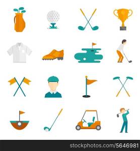 Golf game equipment and player flat icons set isolated vector illustration