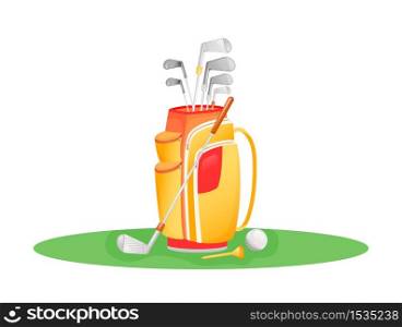 Golf game flat concept vector illustration. Gear bag with sticks and ball. Practice on playground. Sports equipment 2D cartoon objects for web design. Luxury golfer club creative idea. Golf game flat concept vector illustration