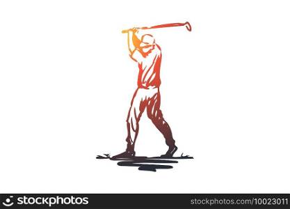 Golf, game, training, sport, golfing concept. Hand drawn golf player in action concept sketch. Isolated vector illustration.. Golf, game, training, sport, golfing concept. Hand drawn isolated vector.