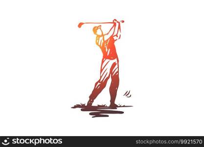 Golf, golfing, play, game, equipment concept. Hand drawn golf player with professional equipment concept sketch. Isolated vector illustration.. Golf, golfing, play, game, equipment concept. Hand drawn isolated vector.