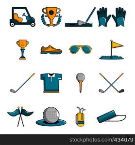 Golf icons set symbols. Cartoon illustration of 16 golf symbols vector icons for web. Golf icons set symbols, cartoon style