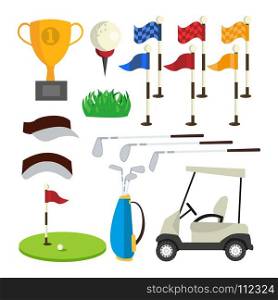 Golf Icons Set Vector. Golf Accessories. Cup, Flag, Grass, Cap, Stick, Bag, Car. Isolated Flat Cartoon Illustration. Golf Icons Set Vector. Golf Accessories. Cup, Flag, Grass, Cap, Stick Bag Car Isolated Flat Illustration