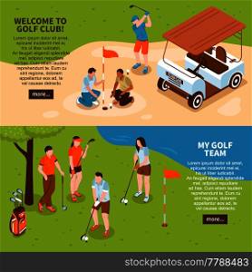 Golf isometric horizontal banners set with golf team symbols isolated vector illustration. Golf Banners Set