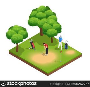 Golf Isometric Top View Composition. Golf isometric top view composition with two sportsmen playing on golf course bags hole and trees vector illustration