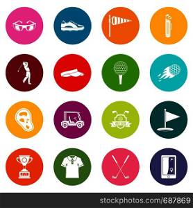 Golf items icons many colors set isolated on white for digital marketing. Golf items icons many colors set