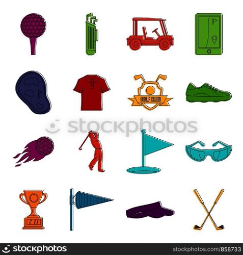 Golf items icons set. Doodle illustration of vector icons isolated on white background for any web design. Golf items icons doodle set
