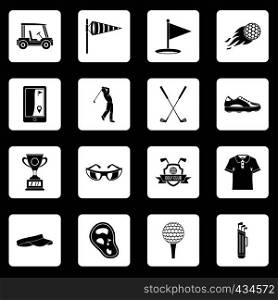 Golf items icons set in white squares on black background simple style vector illustration. Golf items icons set squares vector