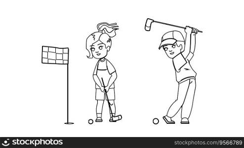 golf kid vector. sport child, activity lifestyle, game boy, course play, bag leisure golf kid character. people black line illustration. golf kid vector