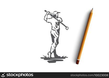 Golf, man, ball, game, sport concept. Hand drawn man playing golf outdoor concept sketch. Isolated vector illustration.. Golf, man, ball, game, sport concept. Hand drawn isolated vector.