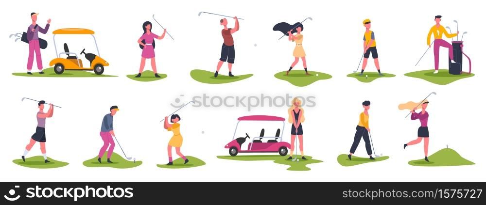 Golf people scenes. Male and female golfers, golf characters chase and hit ball, golfers playing outdoor sports vector illustration icons set. Golfer play female and male, golf sport competition. Golf people scenes. Male and female golfers, golf characters chase and hit ball, golfers playing outdoor sports vector illustration icons set
