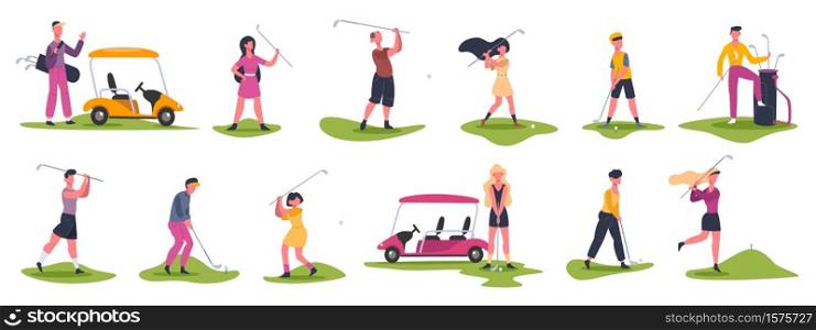 Golf people scenes. Male and female golfers, golf characters chase and hit ball, golfers playing outdoor sports vector illustration icons set. Golfer play female and male, golf sport competition. Golf people scenes. Male and female golfers, golf characters chase and hit ball, golfers playing outdoor sports vector illustration icons set