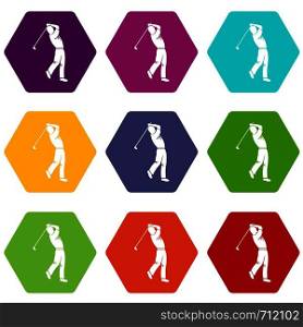 Golf player icon set many color hexahedron isolated on white vector illustration. Golf player icon set color hexahedron