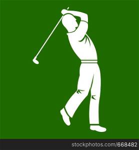 Golf player icon white isolated on green background. Vector illustration. Golf player icon green