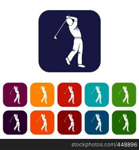 Golf player icons set vector illustration in flat style In colors red, blue, green and other. Golf player icons set flat