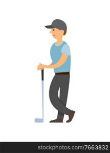 Golf player isolated cartoon character. Vector male wearing special uniform, person playing sport game with stick. Sports and active lifestyle, golfing. Golf Player, Man with Stick Playing Game Poster