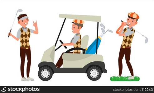 Golf Player Male Vector. Hitting Golf Ball. Playing Man. Different Poses. Cartoon Character Illustration. Professional Golf Player Vector. Playing Golfer Male. Different Poses. Isolated On White Cartoon Character Illustration