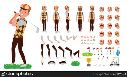 Golf Player Vector. Animated Character Creation Set. Football Tools And Equipment. Full Length, Front, Side, Back View, Accessories, Poses, Face Emotions, Gestures. Isolated Flat Cartoon Illustration. Golf Player Vector. Animated Character Creation Set. Football Tools And Equipment. Full Length, Front, Side, Back View, Accessories, Poses, Face Emotions, Gestures Isolated Cartoon Illustration