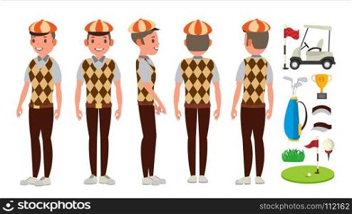 Golf Player Vector. Playing Golfer Male. Different Poses. Isolated Flat Cartoon Character Illustration. Classic Golf Player Vector. Swing Shot On Course. Diferent Poses. Flat Cartoon Illustration
