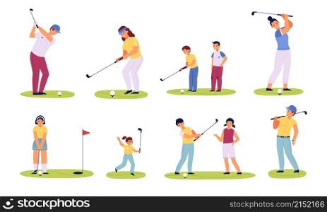 Golf players characters. Different ages golfers, happy men, women and children with with golf clubs, family sport summer outdoor activity, playing on green field vector cartoon flat style isolated set. Golf players characters. Different ages golfers, happy men, women and children with with golf clubs, family sport summer outdoor activity, playing on green field vector isolated set