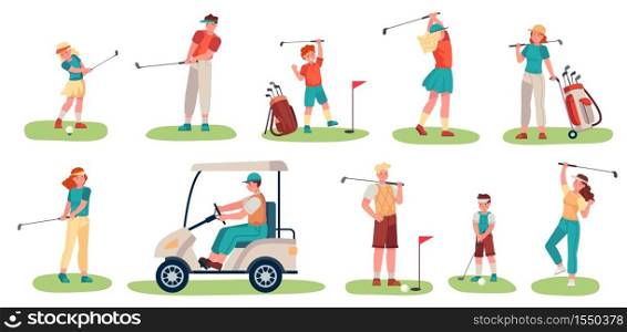 Golf players characters. Men, women and children playing golf on green grass, golfers with clubs and equipment, sports activity vector set. Teenager characters in uniform, riding golf cart. Golf players characters. Men, women and children playing golf on green grass, golfers with clubs and equipment, sports activity vector set