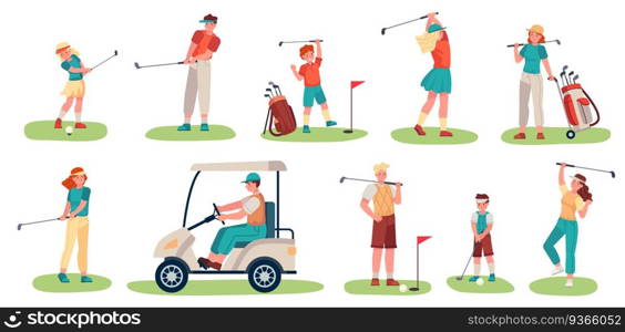 Golf players characters. Men, women and children playing golf on green grass, golfers with clubs and equipment, sports activity vector set. Teenager characters in uniform, riding golf cart. Golf players characters. Men, women and children playing golf on green grass, golfers with clubs and equipment, sports activity vector set