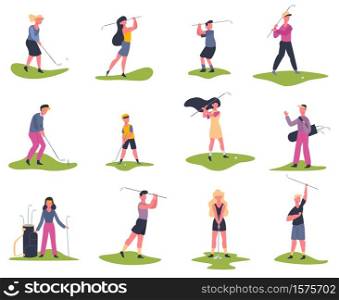 Golf players. People playing golf, golfers striking ball, outside summer activity, golf characters vector illustration set. Game golf and sport man player. Golf players. People playing golf, golfers striking ball, outside summer activity, golf characters vector illustration set