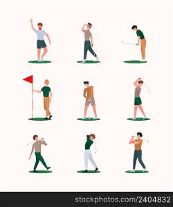 Golf players. Recreation healthy outdoor sport activities golfers characters male and female vector flat persons pictures in flat style. Illustration collection golfer recreation, game with ball. Golf players. Recreation healthy outdoor sport activities golfers characters male and female garish vector flat persons pictures in flat style