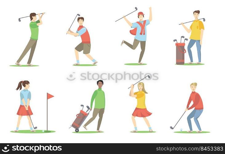 Golf players set. Cartoon people with brassies playing golf on lawn, having fun, enjoying activity. Vector illustration for golf club, hobby, sport, active lifestyle concept