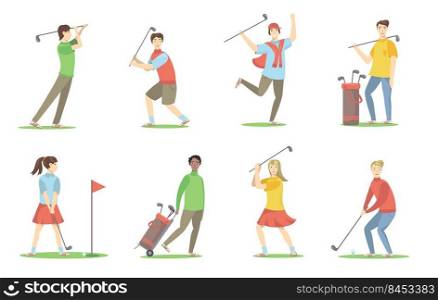Golf players set. Cartoon people with brassies playing golf on lawn, having fun, enjoying activity. Vector illustration for golf club, hobby, sport, active lifestyle concept