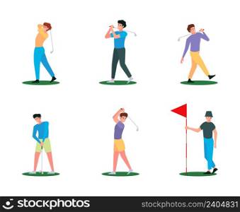 Golf players. Sport characters golf premium activities recreation persons flag white ball garish vector people in flat style. Illustration of golfer character with ball, competition or recreation. Golf players. Sport characters golf premium activities recreation persons flag white ball garish vector people in flat style