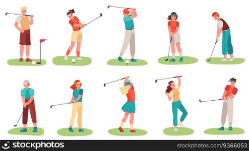 Golf playing. Men and women training with golf clubs on green grass, sport hobby players golfer in uniform, cartoon set vector illustration. Male and female character in different position. Golf playing. Men and women training with golf clubs on green grass, sport hobby players golfer in uniform, cartoon set vector illustration