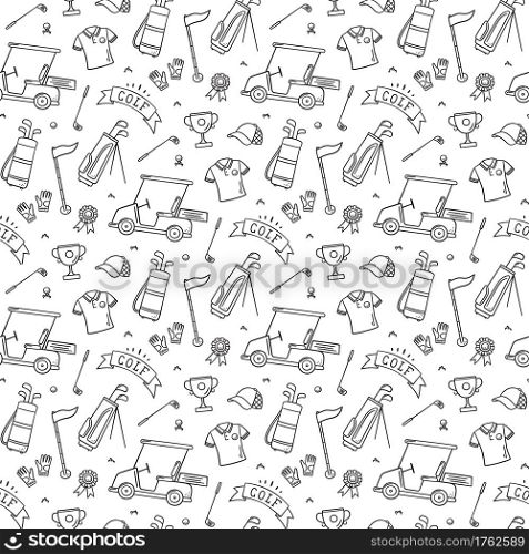 Golf seamless pattern - club, ball, flag, bag and golf cart in doodle style. Hand drawn vector illustration on white background. Golf seamless pattern - club, ball, flag, bag and golf cart in doodle style. Hand drawn vector illustration