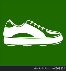 Golf shoe icon white isolated on green background. Vector illustration. Golf shoe icon green