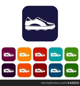 Golf shoe icons set vector illustration in flat style In colors red, blue, green and other. Golf shoe icons set flat