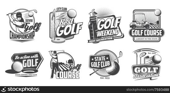 Golf sport and players isolated vector icons set. Golf club association, courses and championship monochrome badges, symbols with equipment and game items, golfer on field with ball and cart labels. Golf sport and players isolated vector icons set
