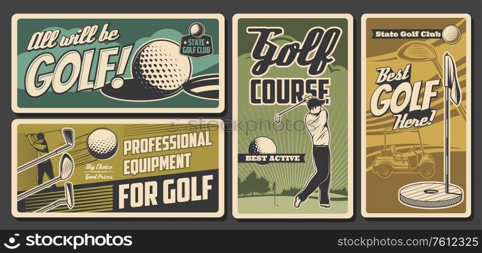 Golf sport club, professional golfer equipment store vintage vector cards. State golf club championship, tournament. Sportsman with stick in swing shot and golf cart. Course rent retro posters. Golf club, professional golfer sport