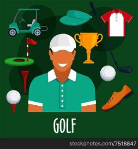 Golf sport equipment and outfit. Golf man player with accessories. Vector apparel icons of cap visor, golf club, ball, shoe, victory cup, pin, flag, hole, playing field, t-shirt, electro car cab. Golf sport profession, equipment and outfit