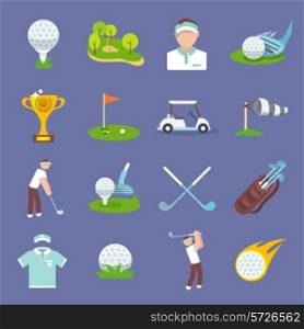 Golf sport icon flat set with golfer flag ball lawn isolated vector illustration