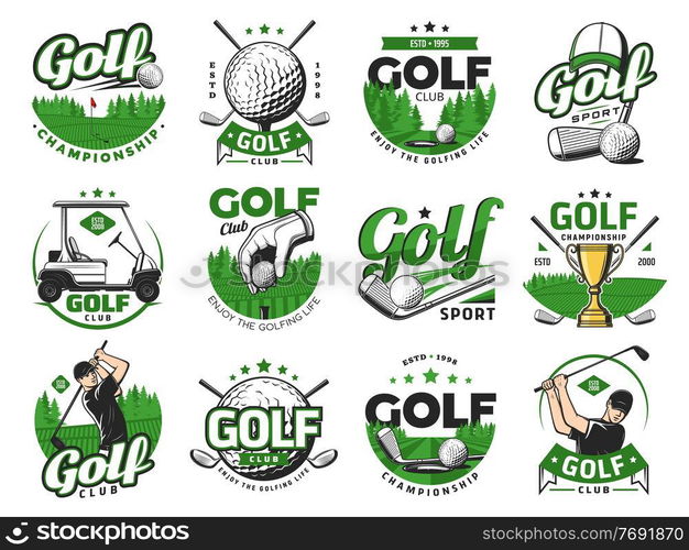 Golf sport icons, golf balls and clubs. Vector emblems with sticks, cart, goblet and sportsman on field. Professional equipment for championship, tournament, professional game training labels set. Golf sport icons, golf balls and clubs emblems set