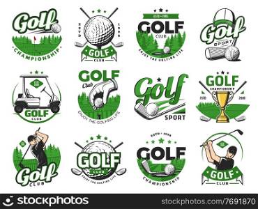 Golf sport icons, golf balls and clubs. Vector emblems with sticks, cart, goblet and sportsman on field. Professional equipment for championship, tournament, professional game training labels set. Golf sport icons, golf balls and clubs emblems set