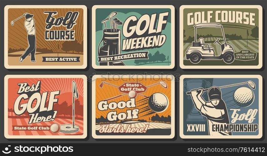 Golf sport vector clubs, balls and tees, flags and holes on green grass course with players or golfers and cart, winner trophy cup and bag. Golf club retro posters of championship tournament. Golf sport clubs, balls, tees, flags on course