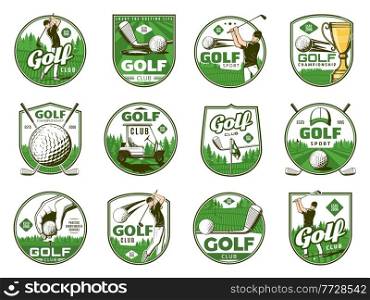 Golf sport vector icons of balls, clubs, tee and holes, golfer, flags and trophy cup. Golf player with equipment, cart and uniform cap on green grass play field or course isolated badges and icons. Golf sport icons of balls, clubs, tee and holes