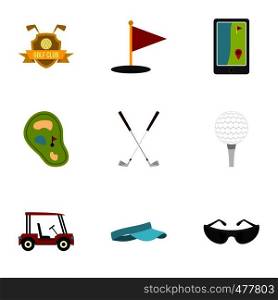 Golf things icons set. Flat set of 9 golf things vector icons for web isolated on white background. Golf things icons set, flat style