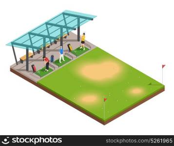 Golf Training Isometric Composition. Golf training isometric composition with instructor and players swinging putter under canopy vector illustration