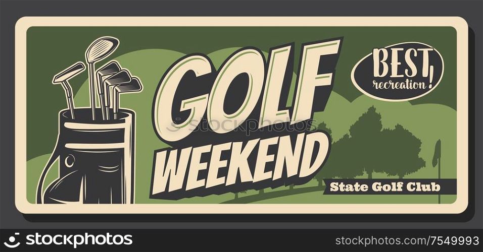 Golf weekend, retro bag with iron heavy niblicks. Vector golfing sport game equipment, sticks to play on green course, flag silhouette. Golf club competition or tournament, leisure hobby recreation. Golfing club, bag with metal sticks, golf sport